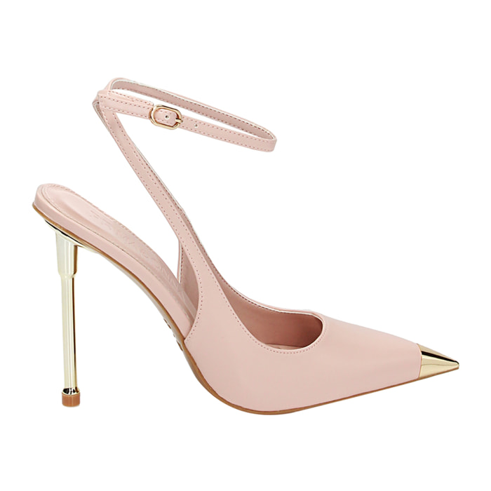 Décolleté slingback nude con punta oro, tacco 11 cm
