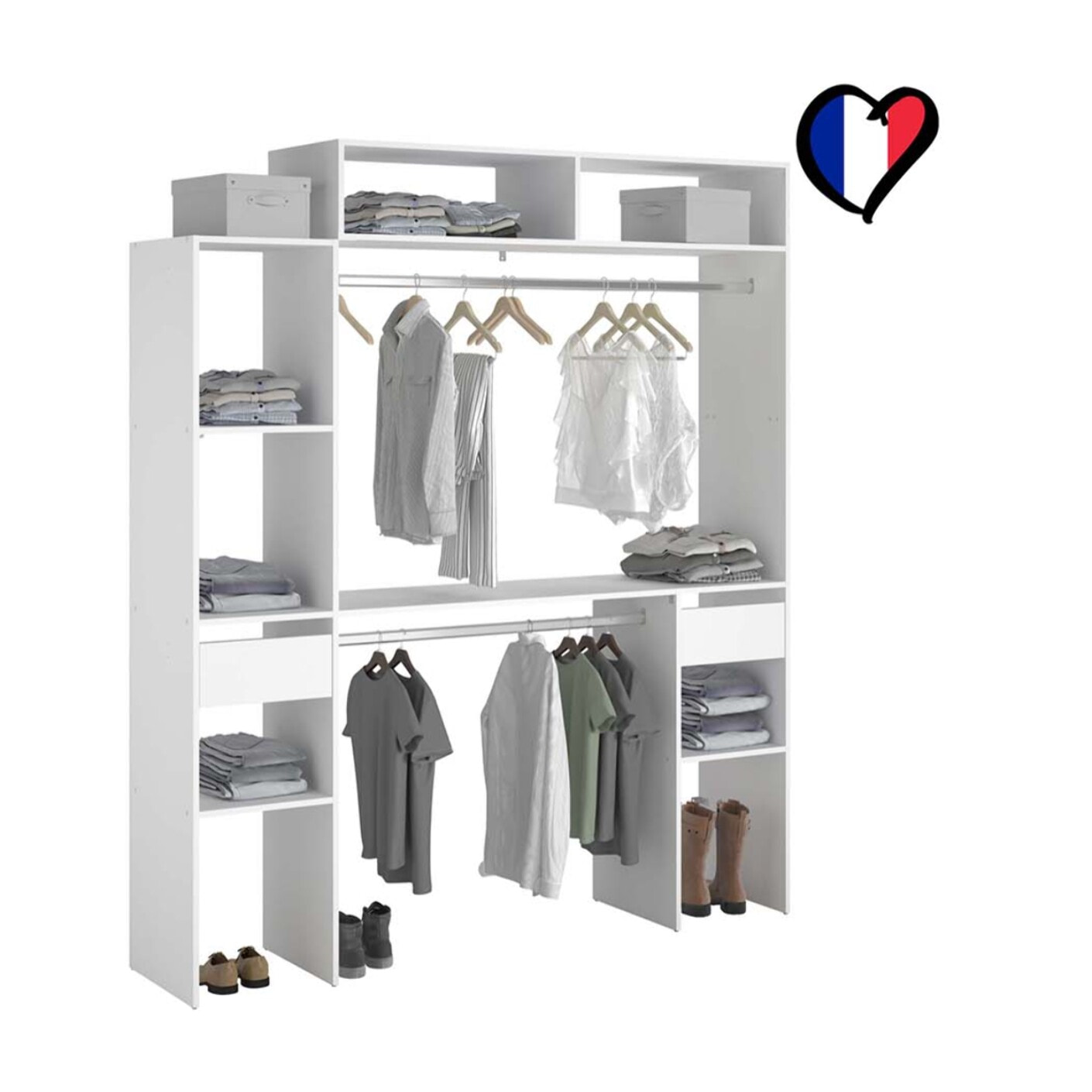 Dressing blanc extensible avec 2 penderies, 4 étagères et 2 tiroirs MATIGNON