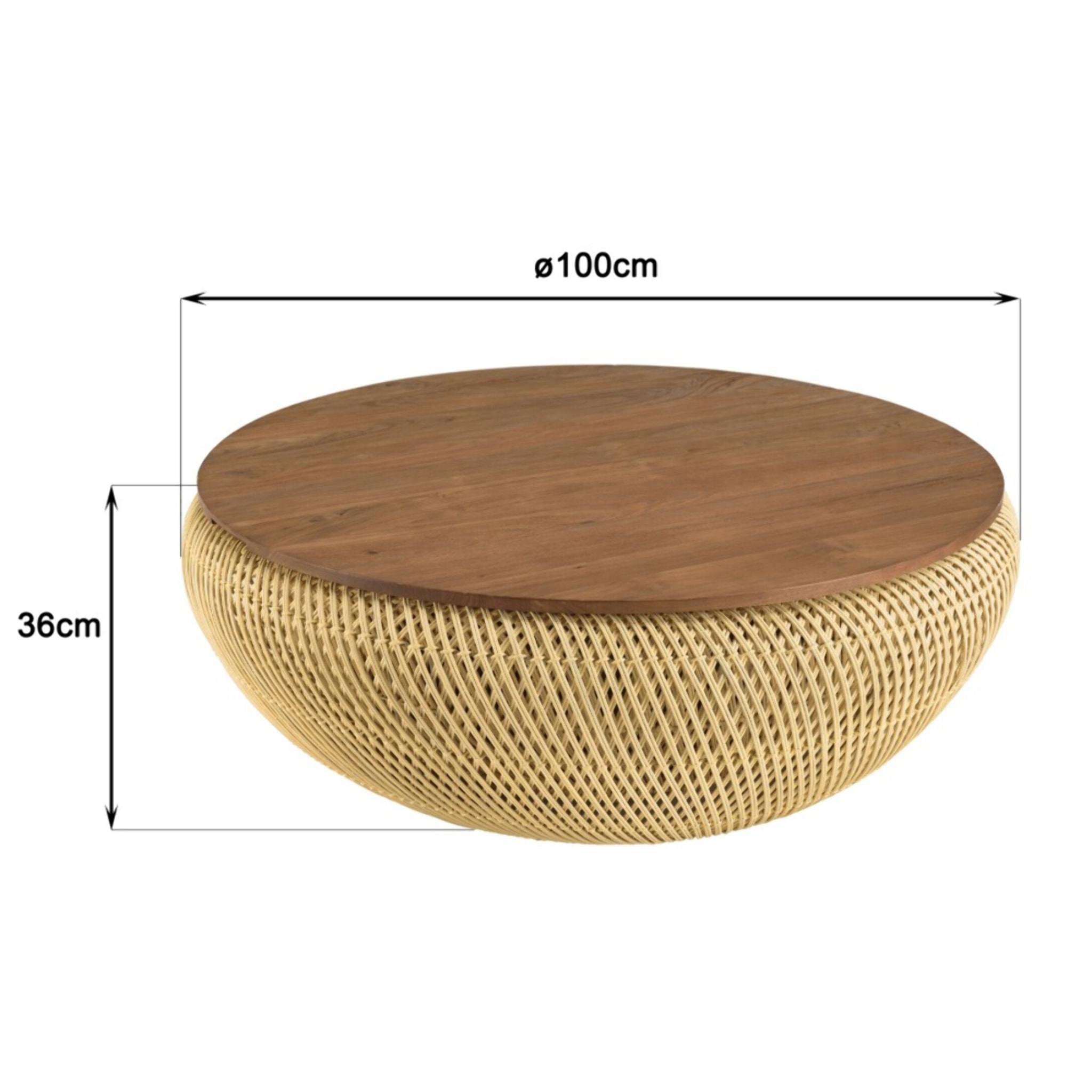 SIXTINE - Table basse ronde 100x100cm en rotin beige plateau amovible