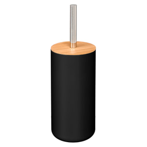 Porta spazzolino nero in plastica con coperchio in bambù. Include spazzolino.