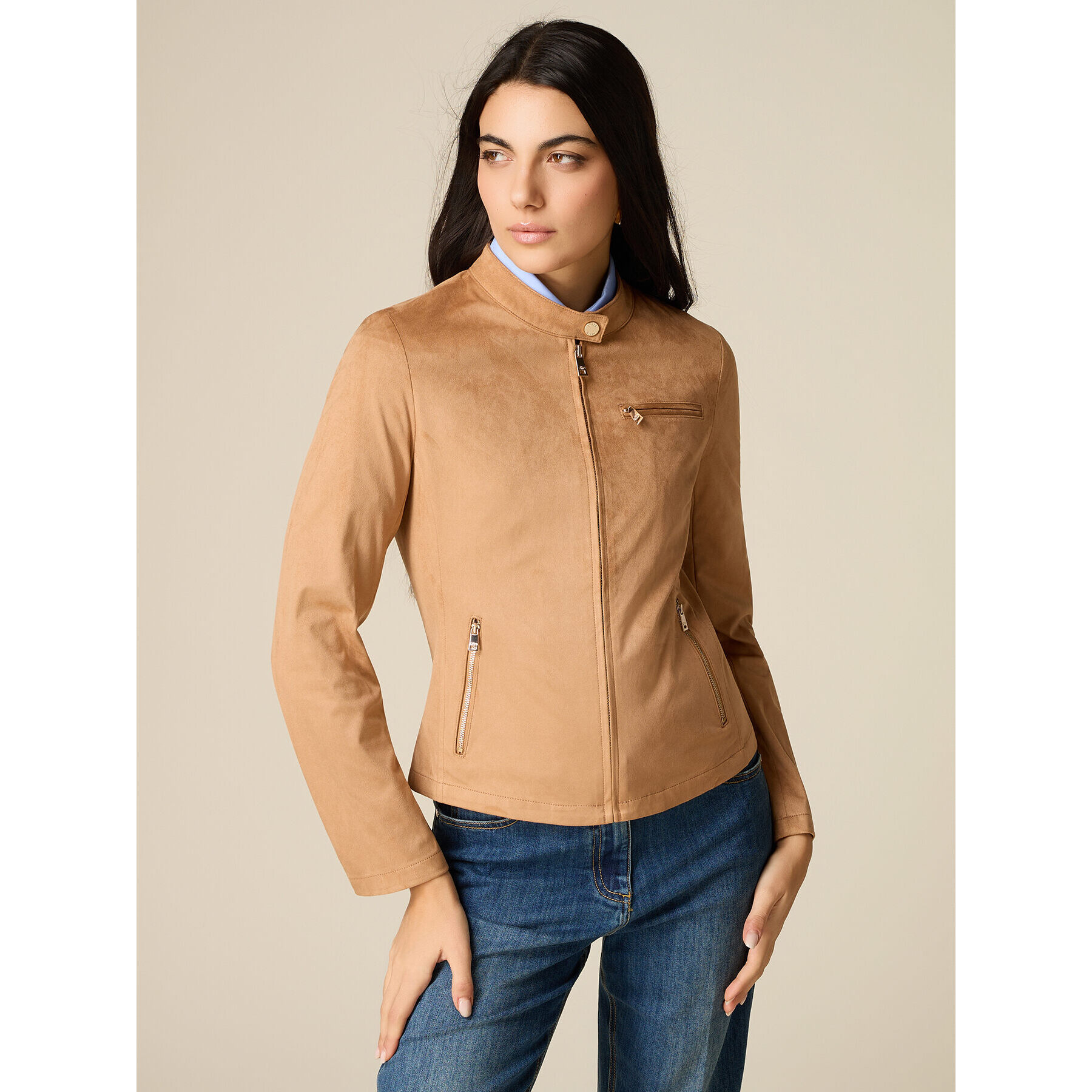 Oltre - Giubbotto con zip e collo coreana - Beige
