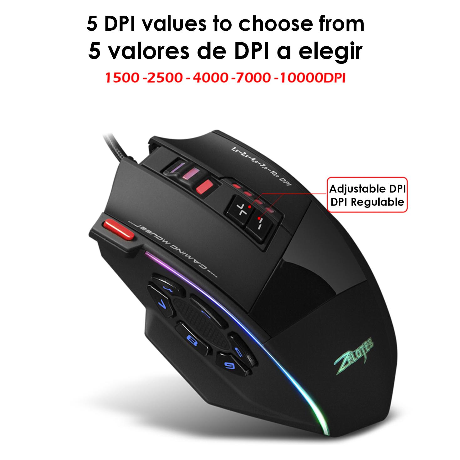 Mouse da gioco C-13, fino a 10.000 DPI, 1000 Hz, 13 pulsanti programmabili, peso regolabile. Illuminazione LED RGB.