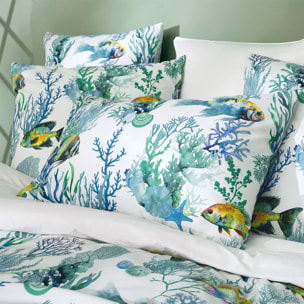 Lot h.couette +taies percale de coton imprimé blanc bleu Naia blanc