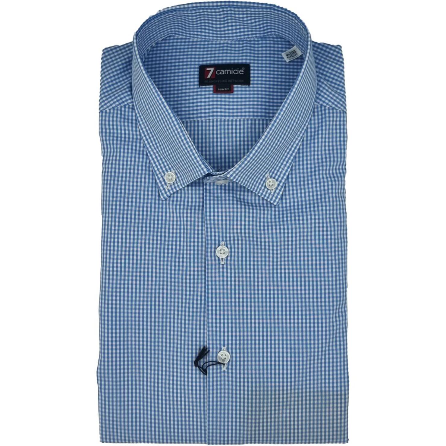 Camicia Uomo 1 Bottone Button Down Slim Popeline Quadro Piccolo Celeste/Bianco