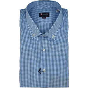 Camicia Uomo 1 Bottone Button Down Slim Popeline Quadro Piccolo Celeste/Bianco
