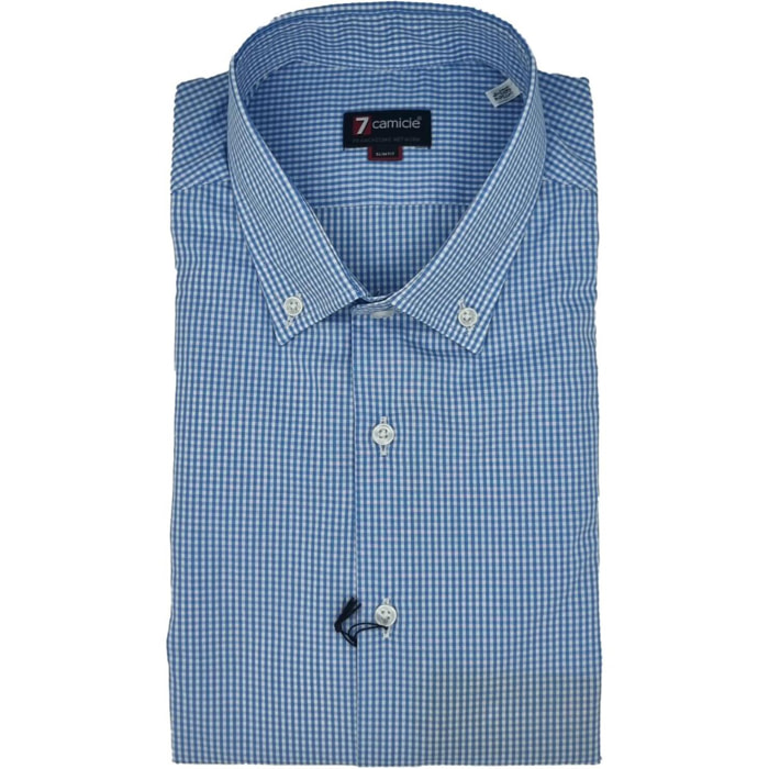 Camicia Uomo 1 Bottone Button Down Slim Popeline Quadro Piccolo Celeste/Bianco