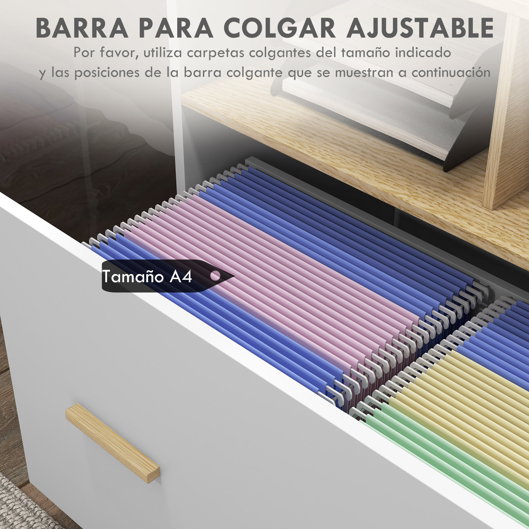 Cajonera de Oficina Armario Archivador Móvil Cajonera Escritorio con Ruedas Cajón Barras Colgantes para Tamaño A4 y 2 Compartimientos para Estudio Salón 76x40x75,5 cm Roble y Blanco