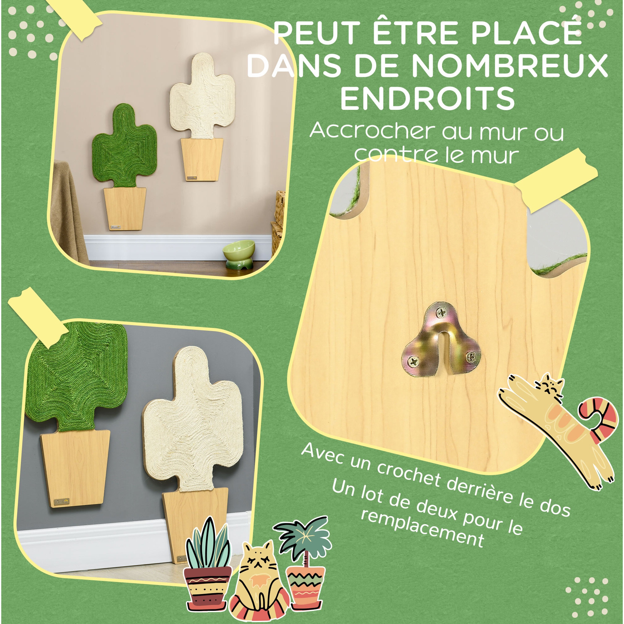 Lot de 2 griffoirs grattoirs murals design cactus dim. 30L x 60H cm jute naturelle écru verte aspect bois clair