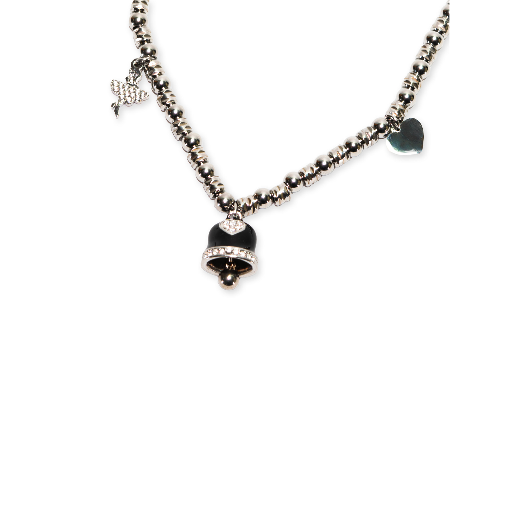 Collana in acciaio silver a sfere con charms nero e strass