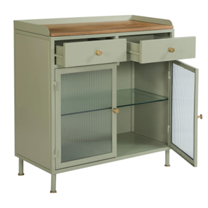 Buffet 2 portes 2 tiroirs en métal vert, manguier et verre - Marnie