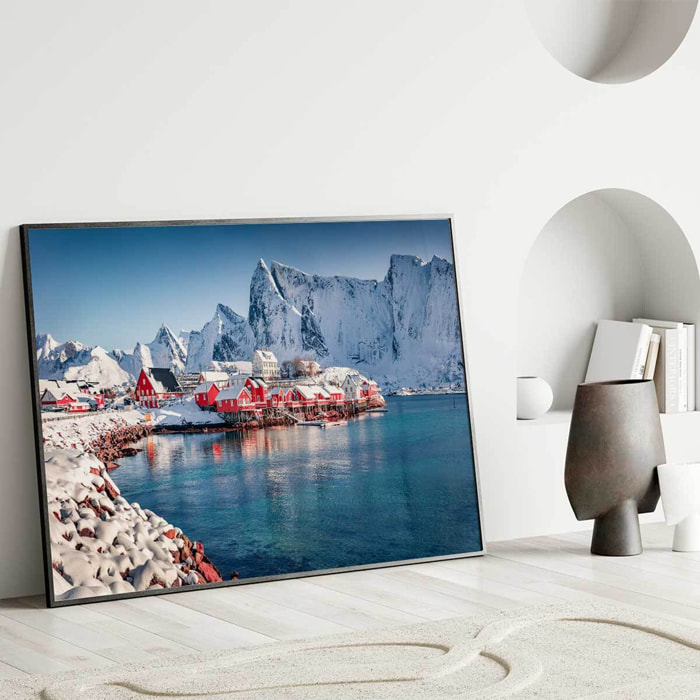Affiche encadrée paysage montagne hiver village rouge Affiche + cadre en métal - Noir