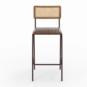 Lot de 2 chaises de bar 76 cm en cannage et cuir marron - Arsène