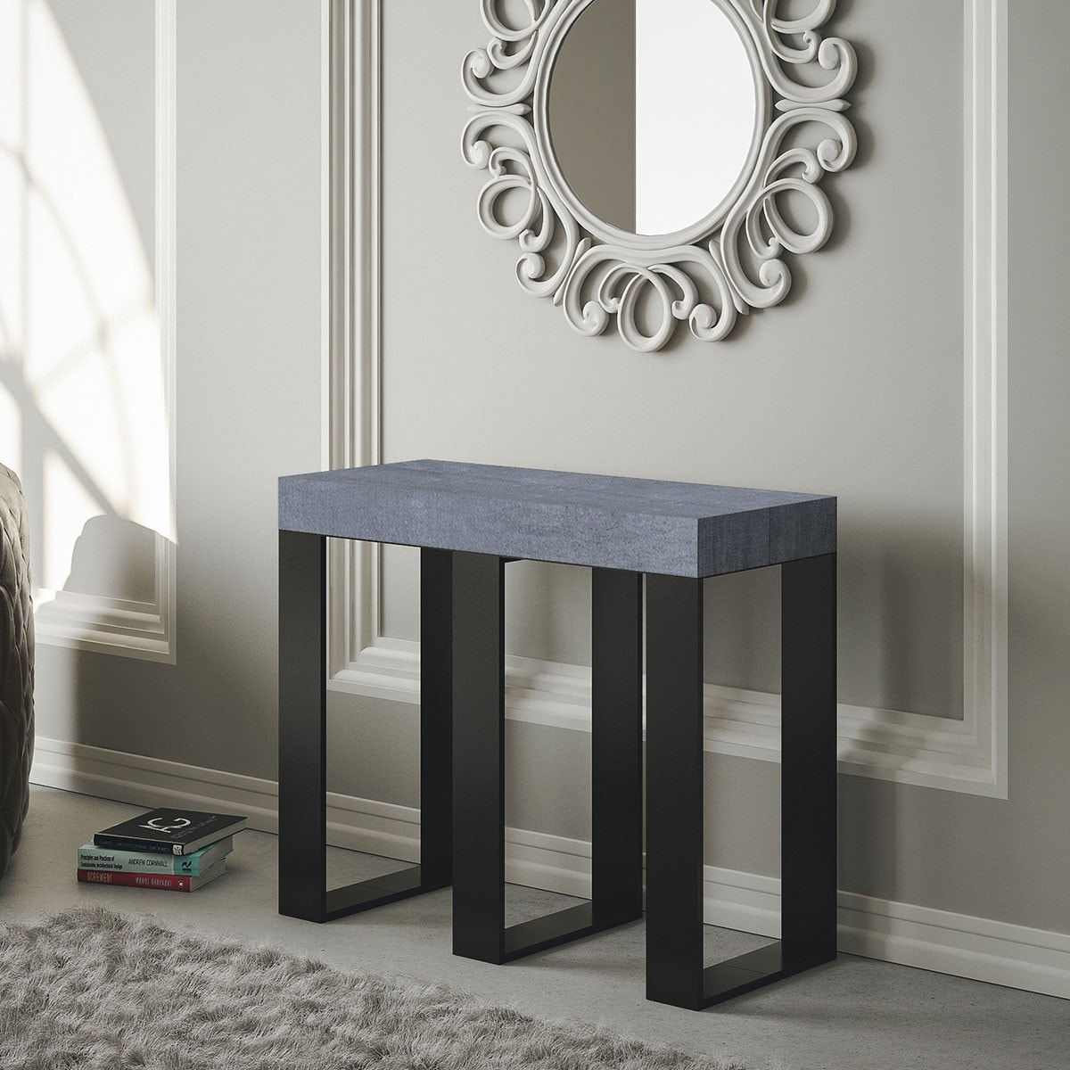 Console extensible 90x40/300 cm Sintesi Gris Béton cadre Anthracite