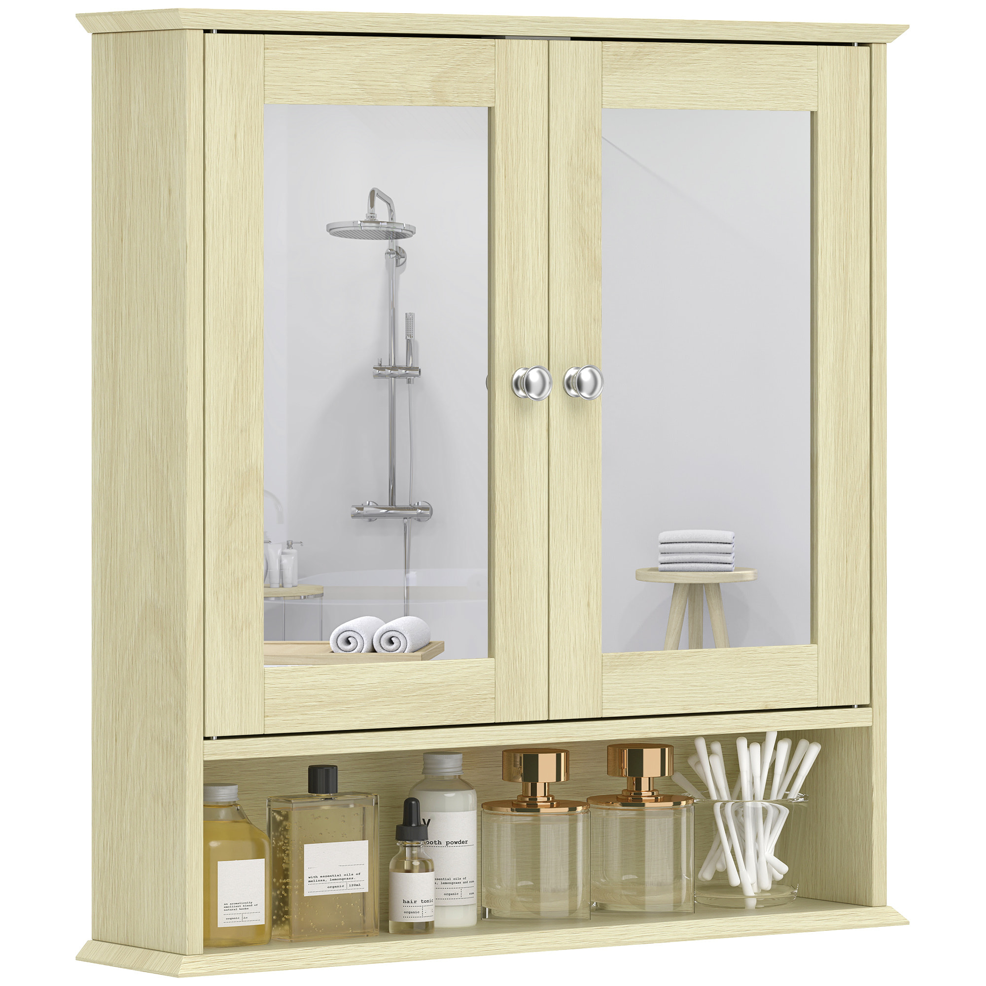 Armario de Baño con Espejo, Armario de Pared con 2 Puertas, Estante Abierto, Estante Ajustable, Mueble de Baño Colgar para Cocina, Salón, 56x13x58 cm, Natural