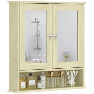 Armario de Baño con Espejo, Armario de Pared con 2 Puertas, Estante Abierto, Estante Ajustable, Mueble de Baño Colgar para Cocina, Salón, 56x13x58 cm, Natural