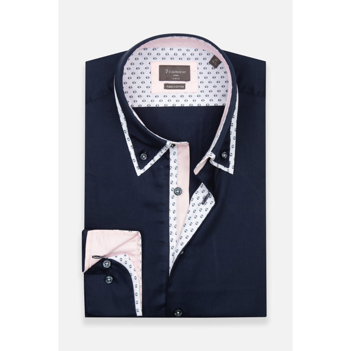 Camicia Uomo Botton Down Slim Satin Unito Blu