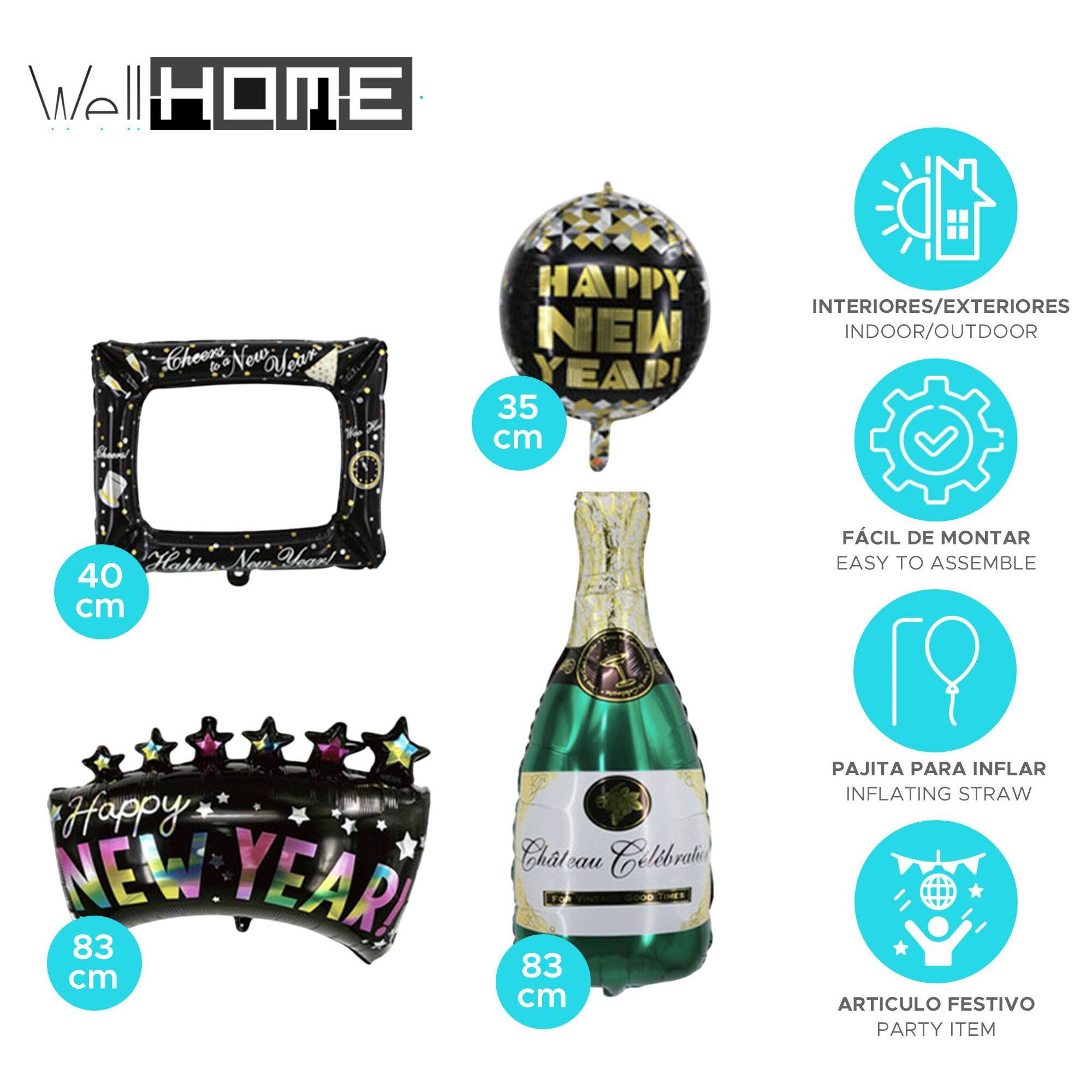 Set de globos para año nuevo - marco 40cm, banner 55cm, champagne 83cm y orbe 35cm