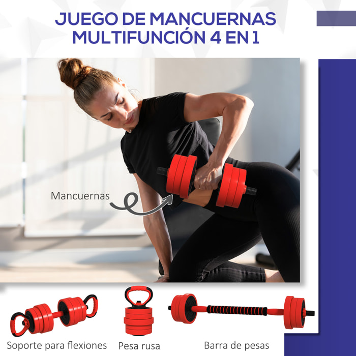 Kit de Mancuernas Ajustables 20kg 4 en 1 Juego de Pesas con Kettlebell Barra de Pesas para Entrenamiento de Fuerza en Hogar Gimnasio Oficina Rojo
