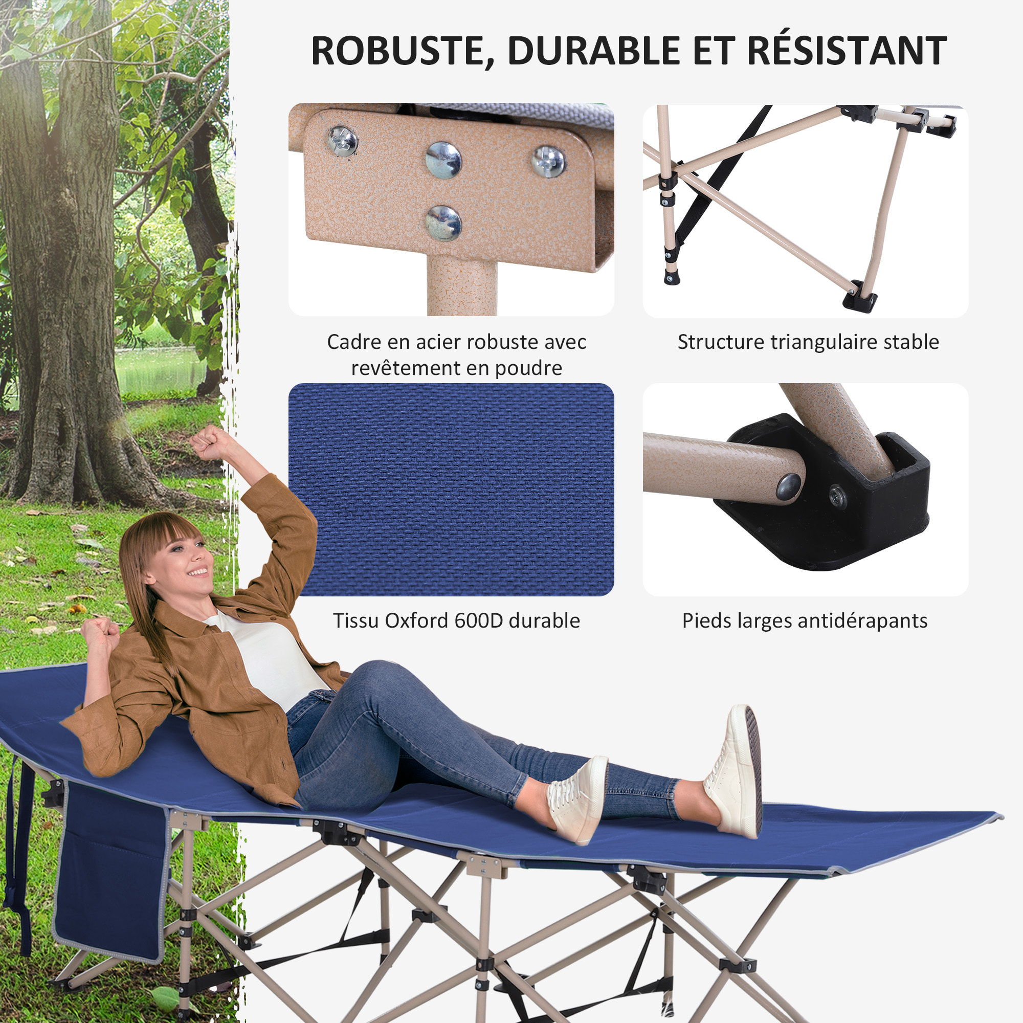 Lit de camp camping pliable 190 x 68 x 52 cm max. 150 Kg sac transport inclus acier oxford bleu
