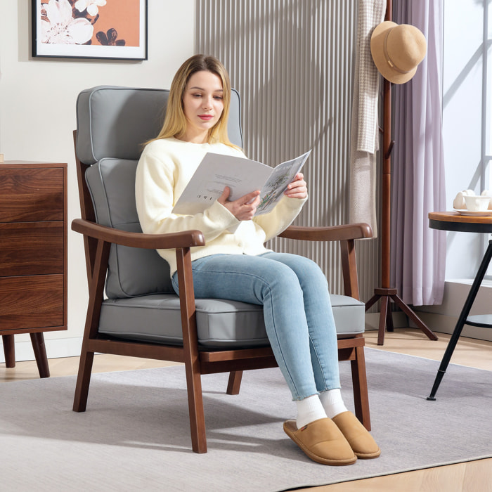 Butaca de Salón Sillón de Salón Tapizado en PU con Marco de Madera Cojines Acolchados Gruesos Respaldo Alto Carga 150 kg Sillón Lectura para Sala de Estar Dormitorio Gris y Madera Nogal