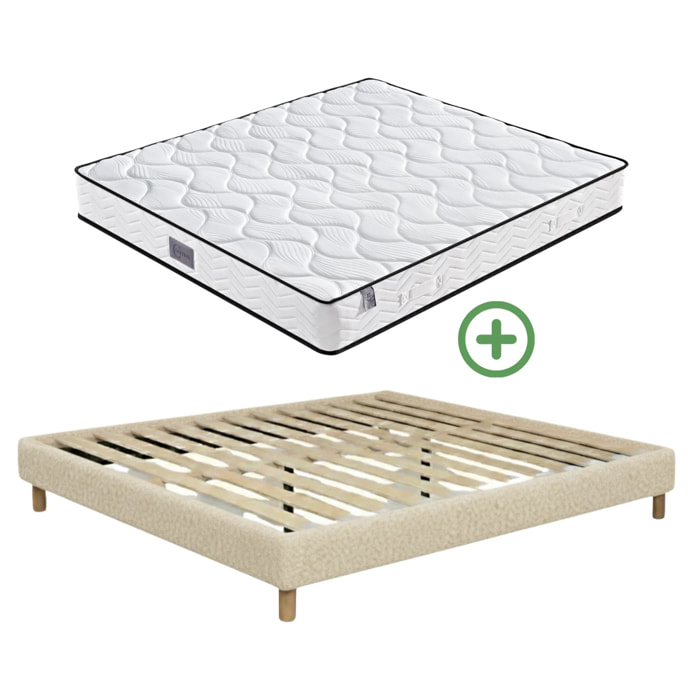 Ensemble matelas Univers & sommier Cancun | Mémoire de forme et ressorts ensachés | Cadre à lattes | Bouclette | Sable