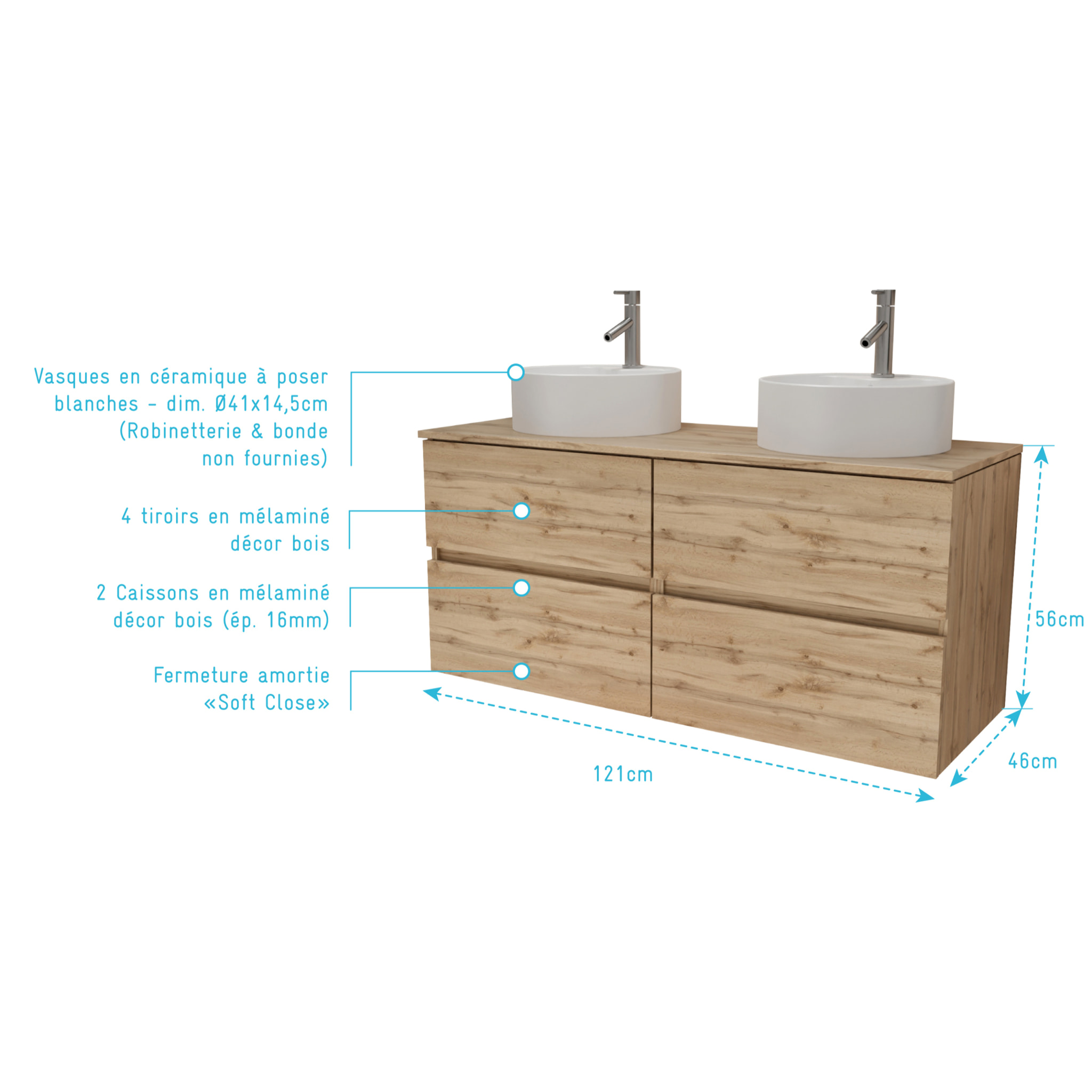 Meuble Salle de Bains 120cm 4 Tiroirs Chêne Naturel - 2 Vasques Rondes 41cm en Céramique Blanche