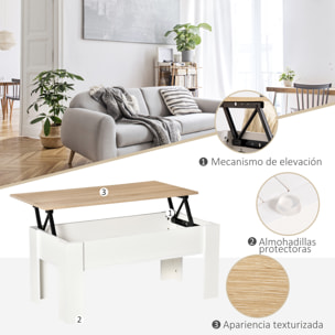 Mesa de Centro Elevable Mesa de Café con Encimera Elevable Espacio Oculto de Almacenaje 100x50x45-58,5 cm Blanco y Natural