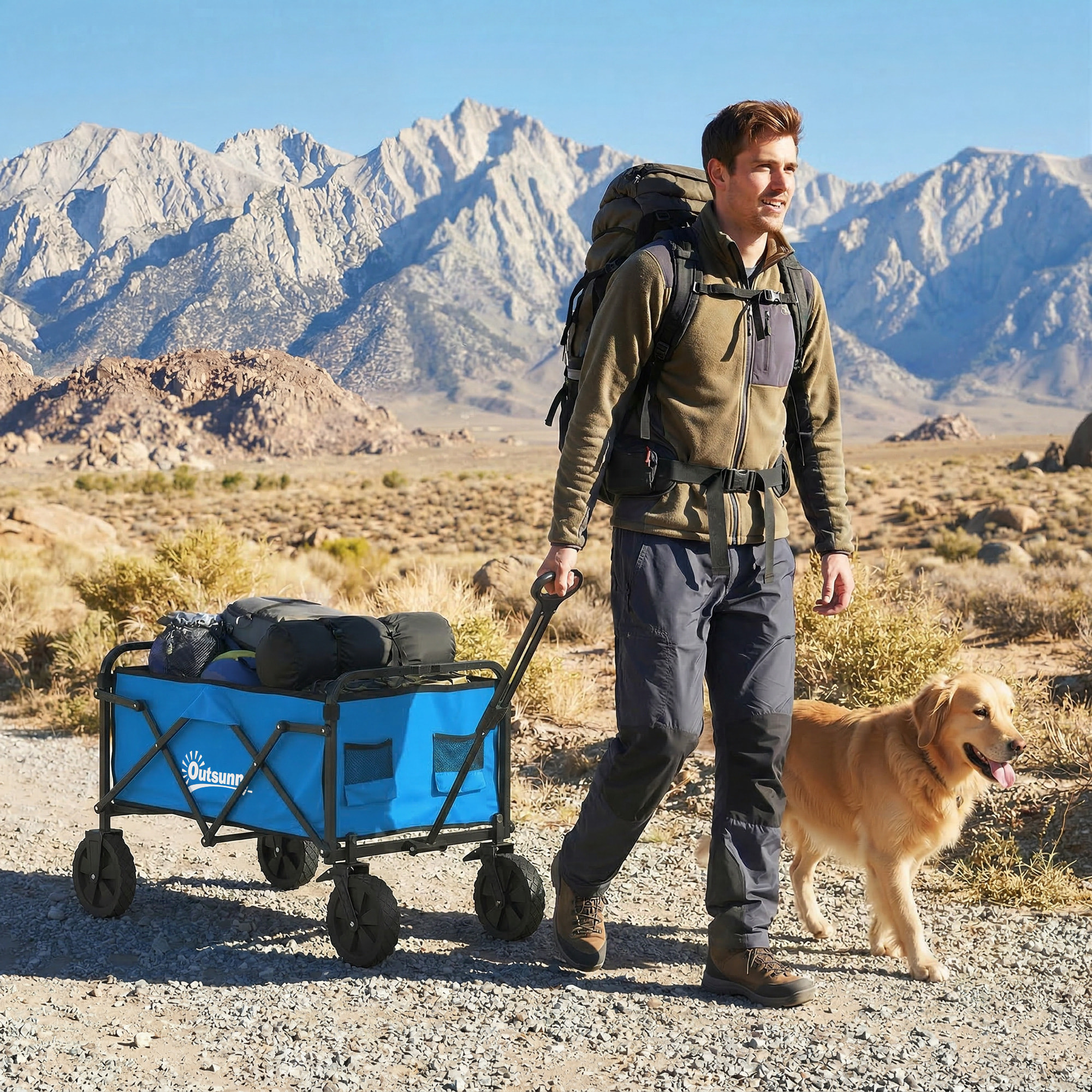 Carro Playa con Ruedas Grandes Bloqueables, Carro de Jardín Plegable con Mango Ajustable, Portavasos y Marco de Metal, Carga 80 kg, Carrito Transporte para Jardín, Campaña, Compras, Azul