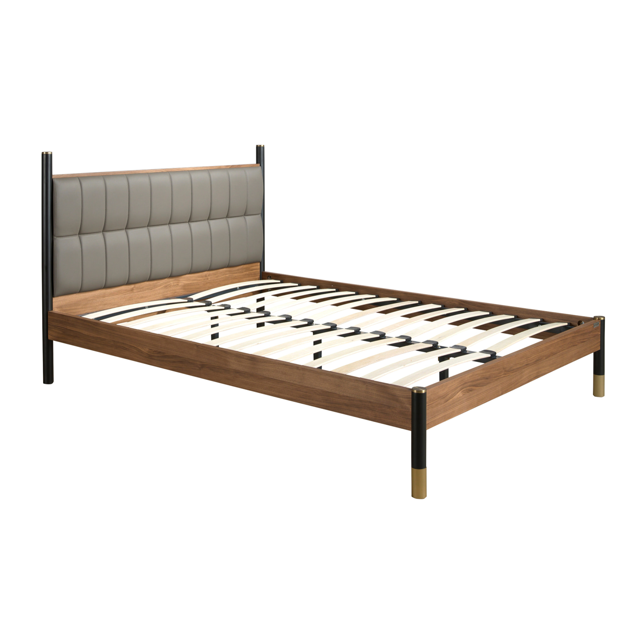 Cama Angel Cerdá de matrimonio con un cabecero en polipiel en gris oscuro y estructura de madera chapada en nogal natural y patas de madera de MDF en negro 160x215x112cm