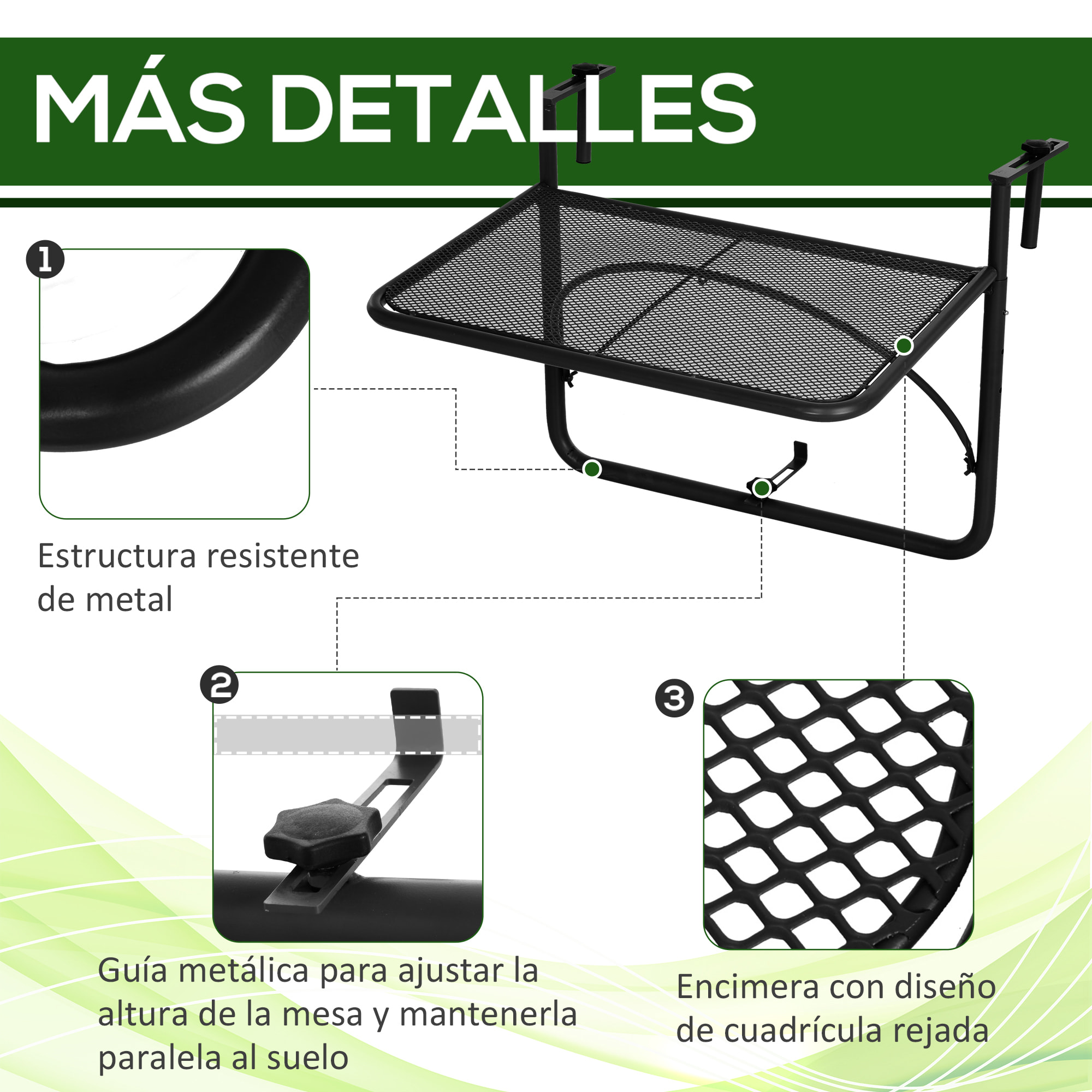 Mesa Colgante de Balcón con Brazo Regulable y Altura Ajustable en 3 Posiciones Marco Metálico Carga Máx. 30 kg 60x56x50 cm Negro