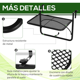 Mesa Colgante de Balcón con Brazo Regulable y Altura Ajustable en 3 Posiciones Marco Metálico Carga Máx. 30 kg 60x56x50 cm Negro
