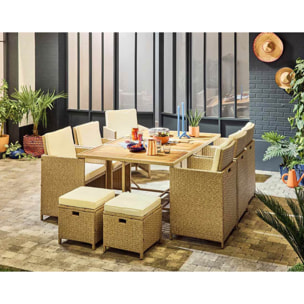 Cuba – salon de jardin encastrable en résine tressé beige - 10 places - coussins beige + housse de protection - Beige