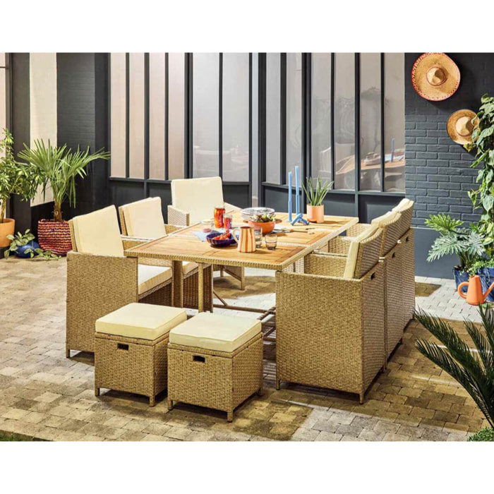 Cuba – salon de jardin encastrable en résine tressé beige - 10 places - coussins beige + housse de protection - Beige