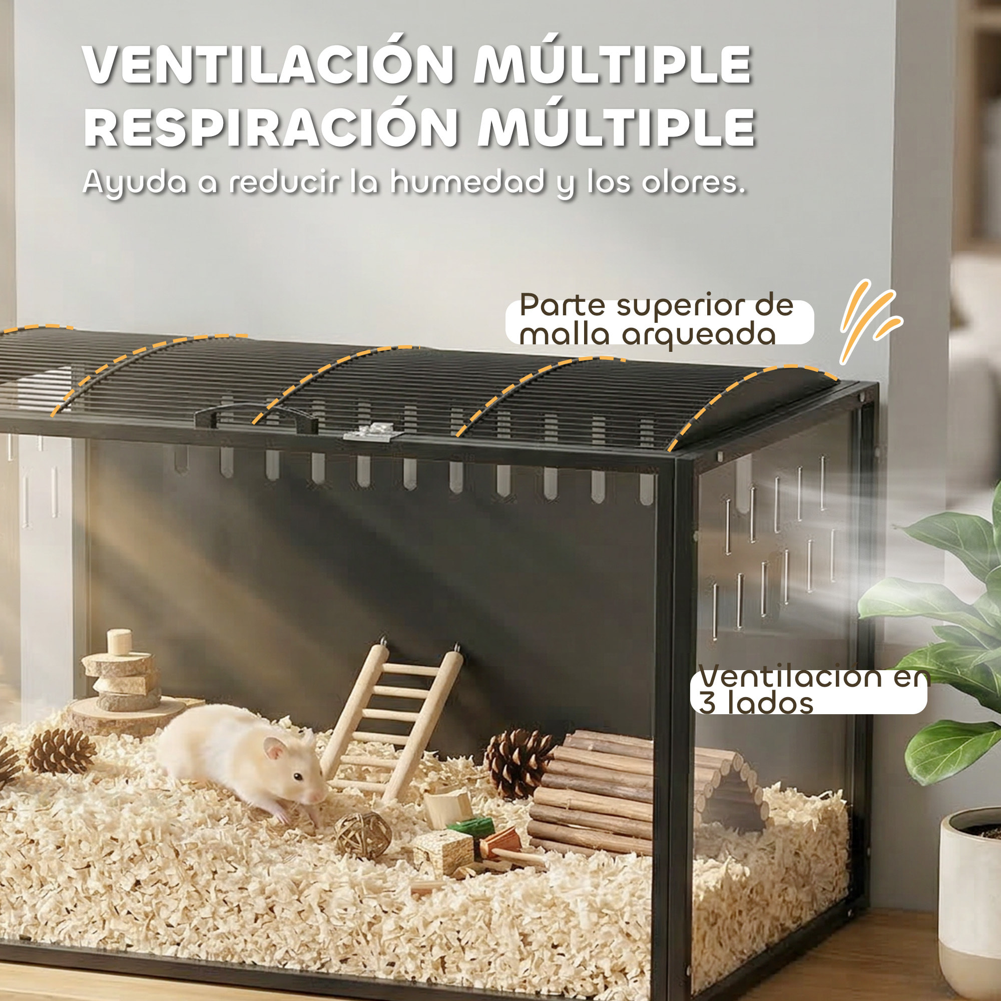 Jaula para Hámster Grande, 105x51x53 cm, Casa para Roedores Pequeños con Tapa Ventilada Abatible, Marco de Acero, Paneles Transparentes de Acrílico, para Ratas y Jerbos, Negro