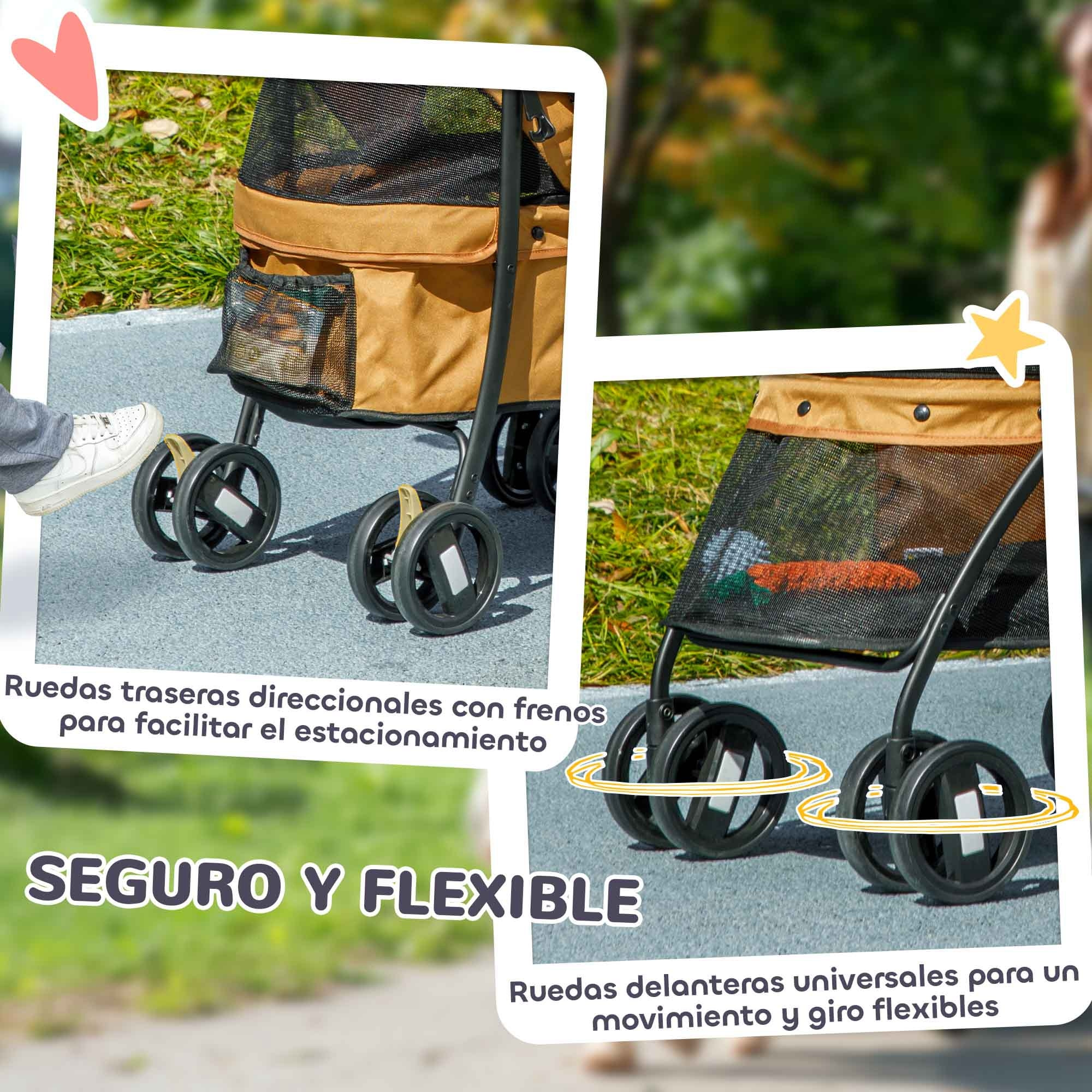 PawHut Carrito para Perros Plegable Cochecito para Mascotas Cochecito para Perros Pequeños con Ventanas de Malla Cojín Lavable Correas de Seguridad y Marco de Acero Café