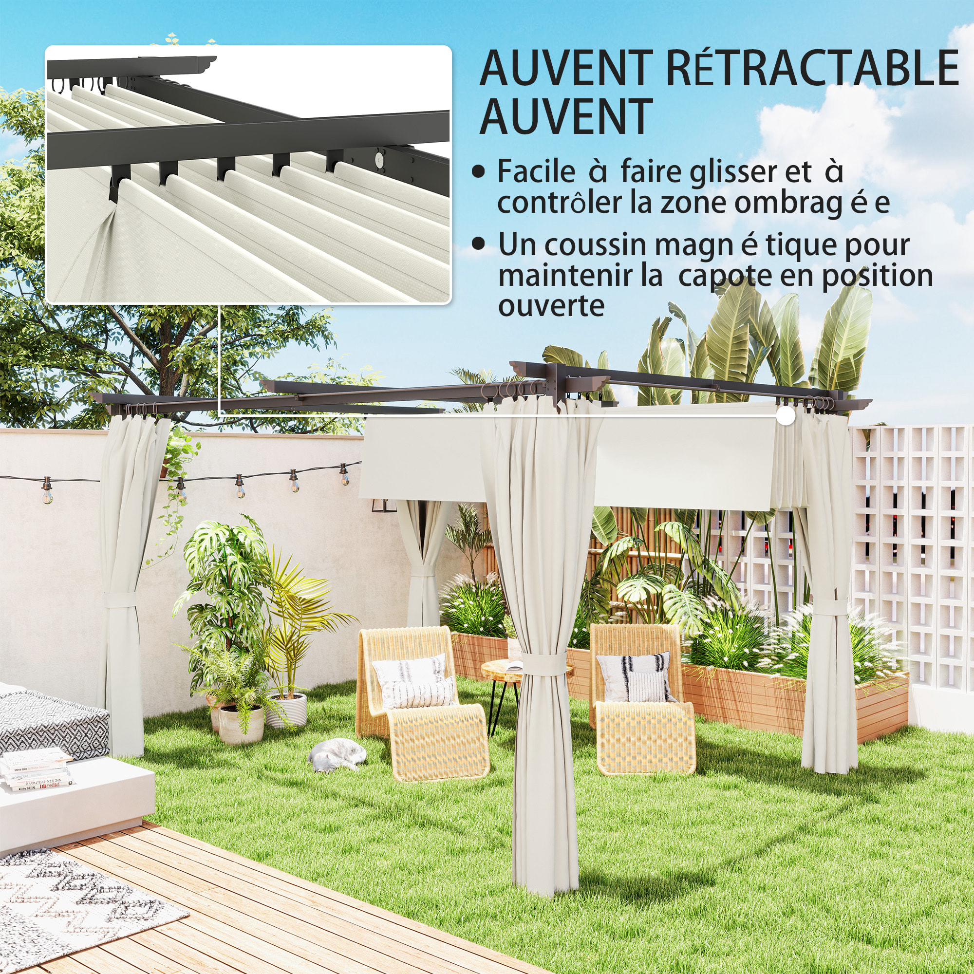 Pergola 3 x 3 m toile toit rétractable 4 rideaux ajustables métal noir polyester haute densité 180g/m² crème