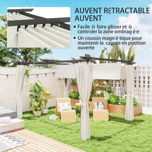 Pergola 3 x 3 m toile toit rétractable 4 rideaux ajustables métal noir polyester haute densité 180g/m² crème