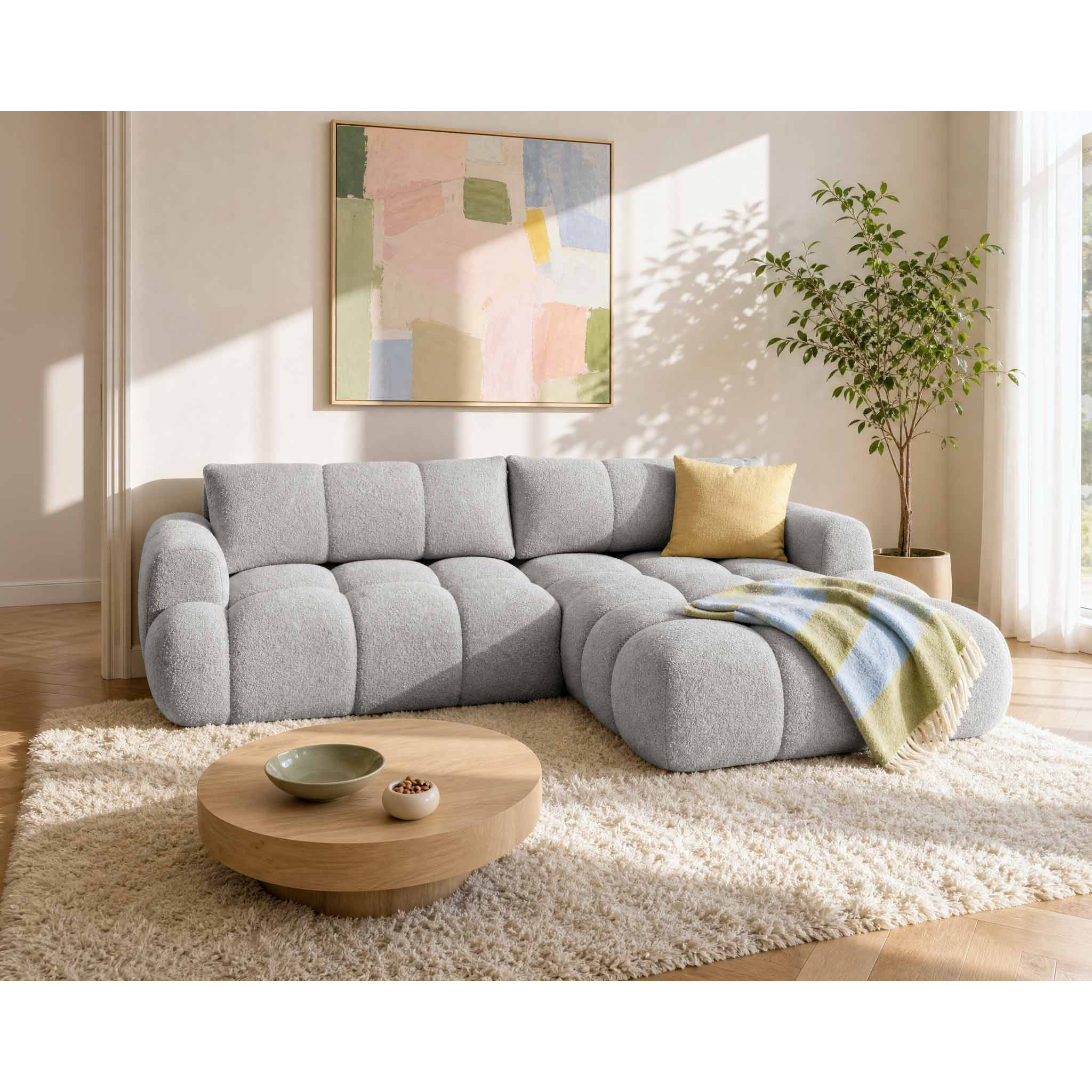 Yulin - Canapé d'angle droit 4 places convertible avec coffre en tissu bouclette - Gris clair