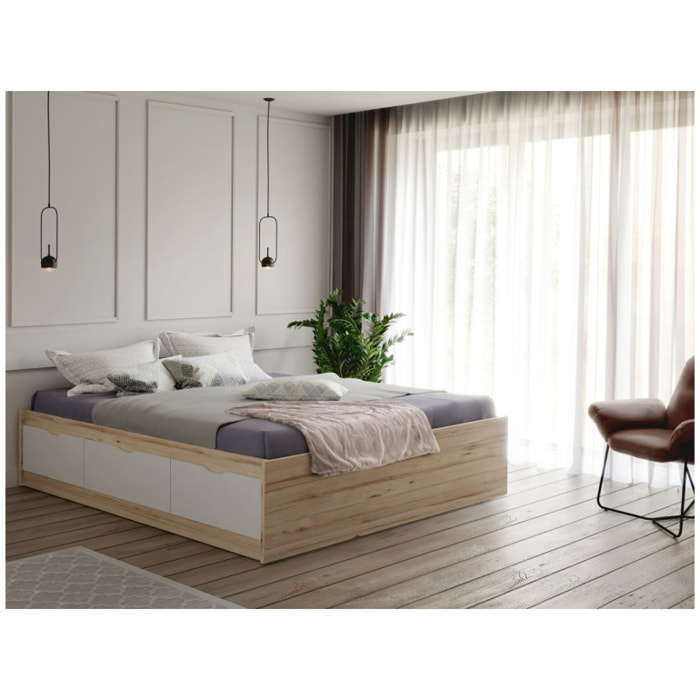 Lit double 160x200cm avec tiroirs effet bois chêne naturel et blanc mat - WANDA