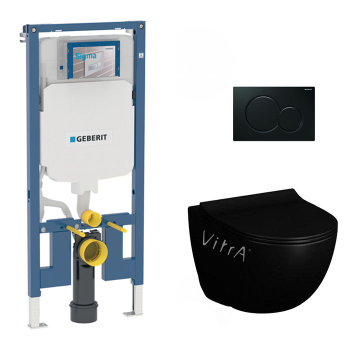 Pack WC Bati-support UP720 extra-plat + WC Vitra Sento sans bride Noir mat + Abattant softclose + Plaque Noire