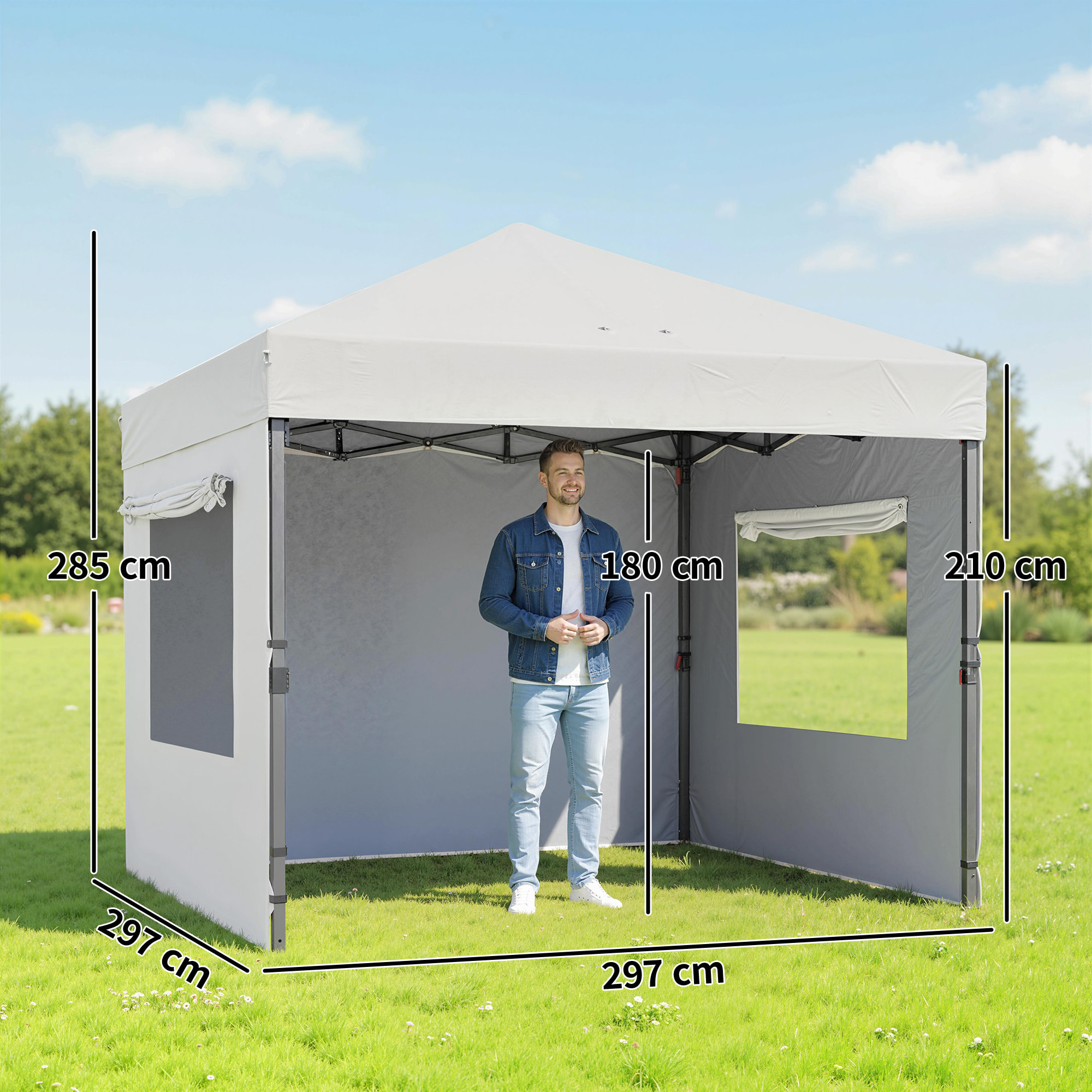 Carpa Plegable 3x3 m, Pop-up, Cenador Pabellón de Jardín con 3 Paredes Laterales, 2 Ventanas Malla, UPF50+, Altura Ajustable 3 Niveles, Bolsa Transporte, Sacos Arena, Gazebo Exterior, Blanco