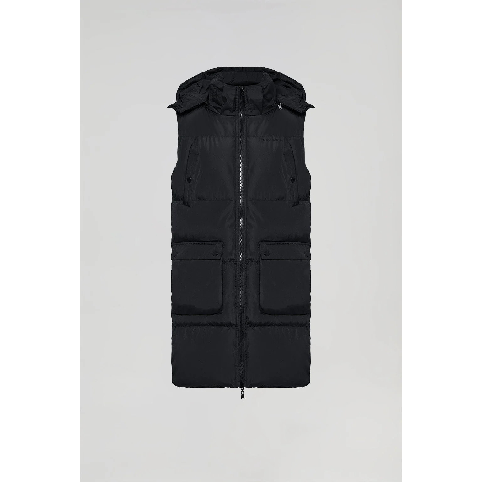 Gilet lungo nero trapuntato con tasche e print Polo Club