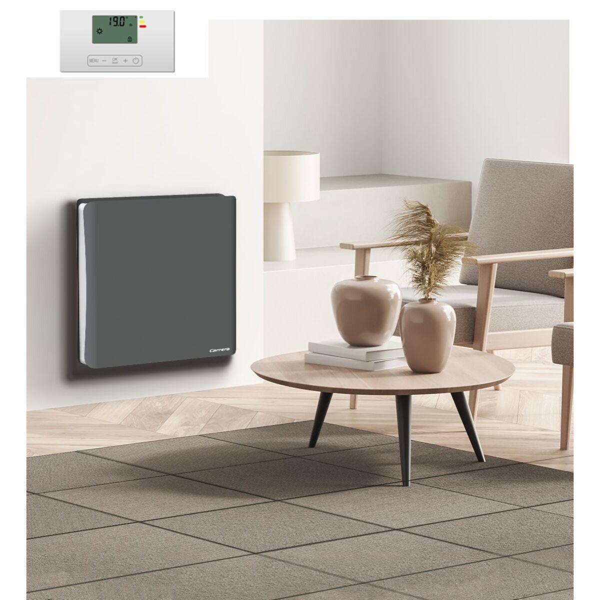 Radiateur inertie double coeur ceramique + film LCD 1000W gris & blanc