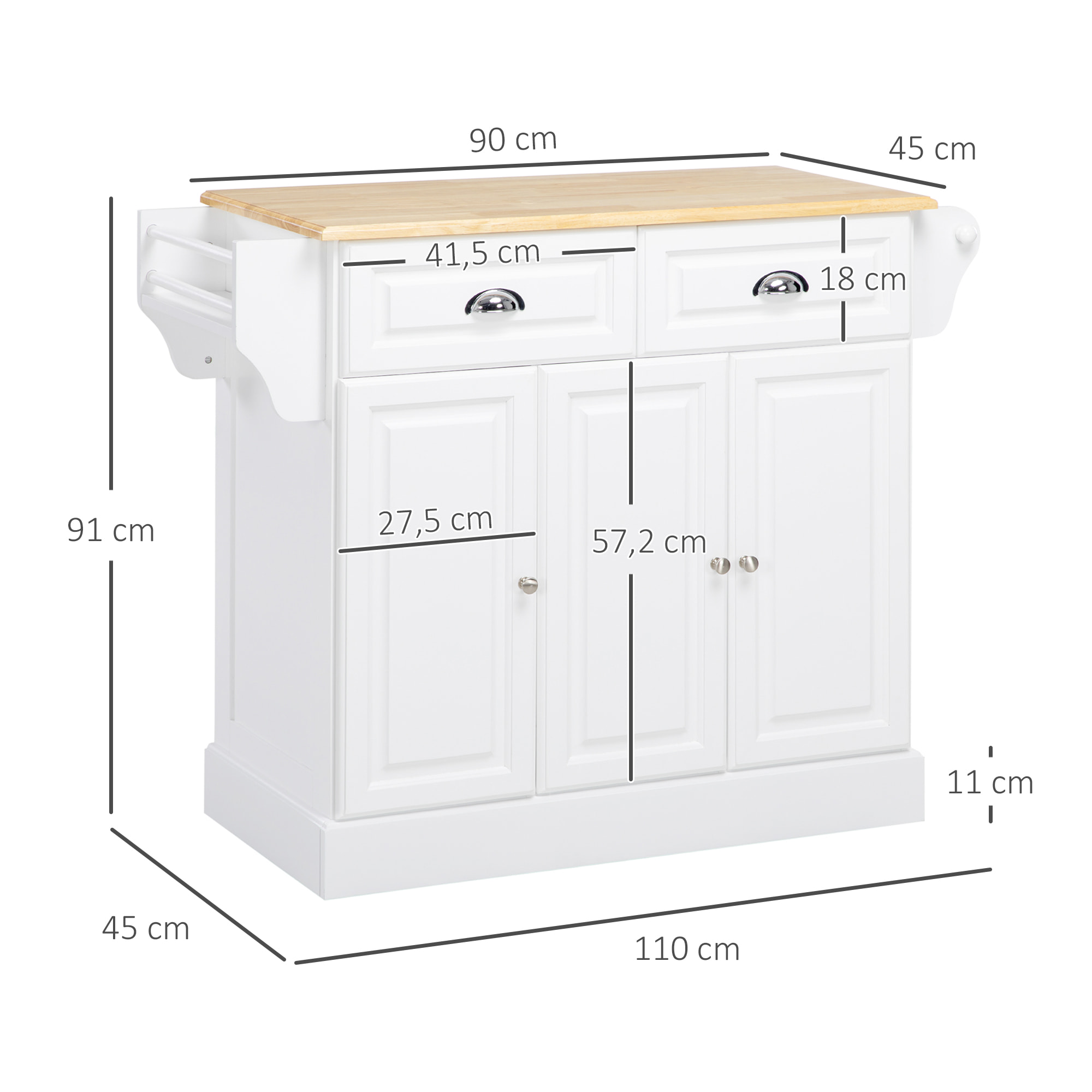 Isla de Cocina Carro de Cocina con Ruedas Carro Multiusos con 2 Cajones 3 Puertas Toallero y Estante para Especias para Comedor 110x45x89 cm Blanco