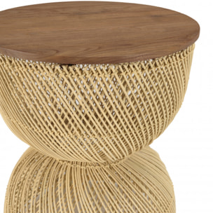 ALIDA - Table d'appoint en rotin beige plateau en bois teck recyclé