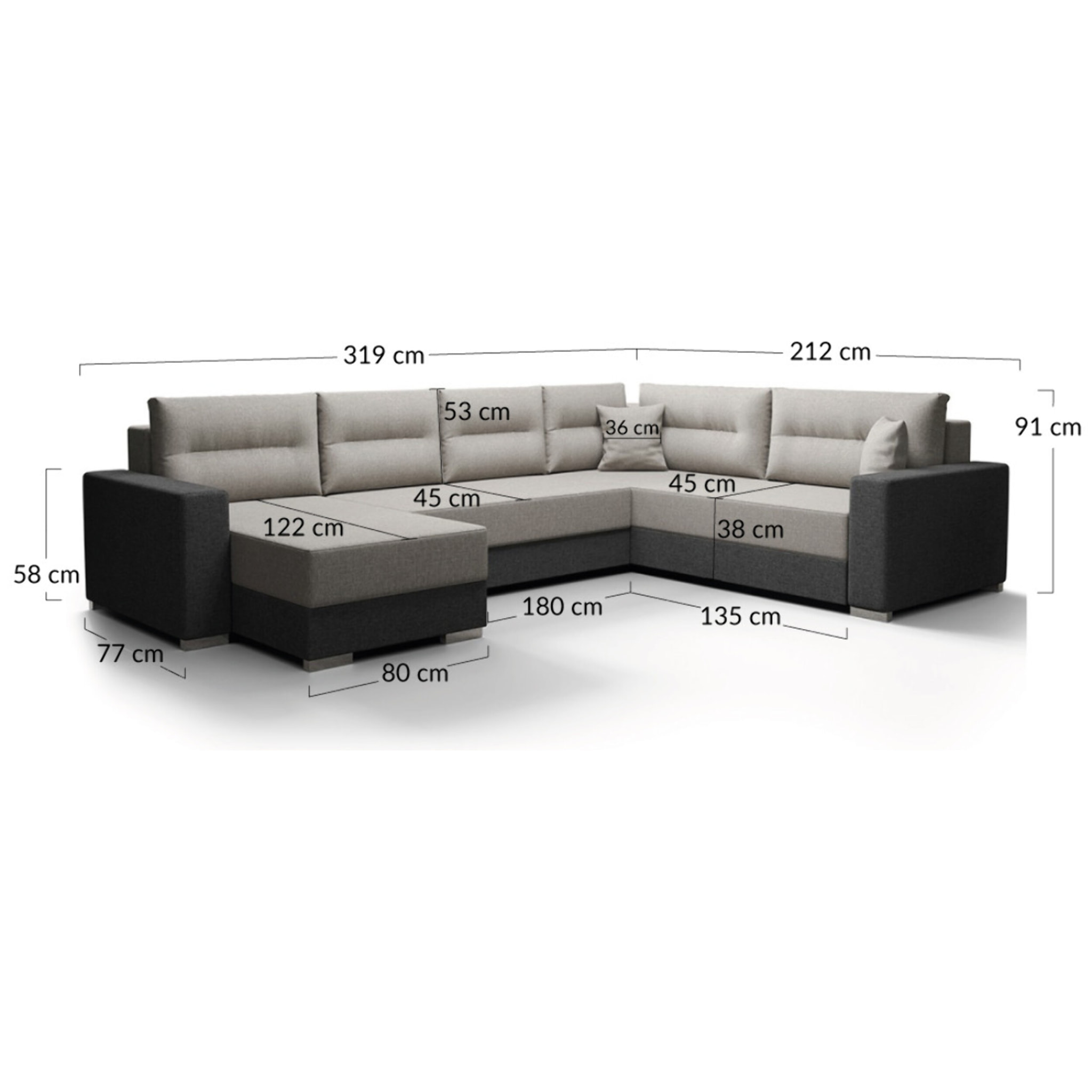 Leslie - Canapé panoramique d'angle réversible 7 places convertible avec coffre en tissu - Gris foncé