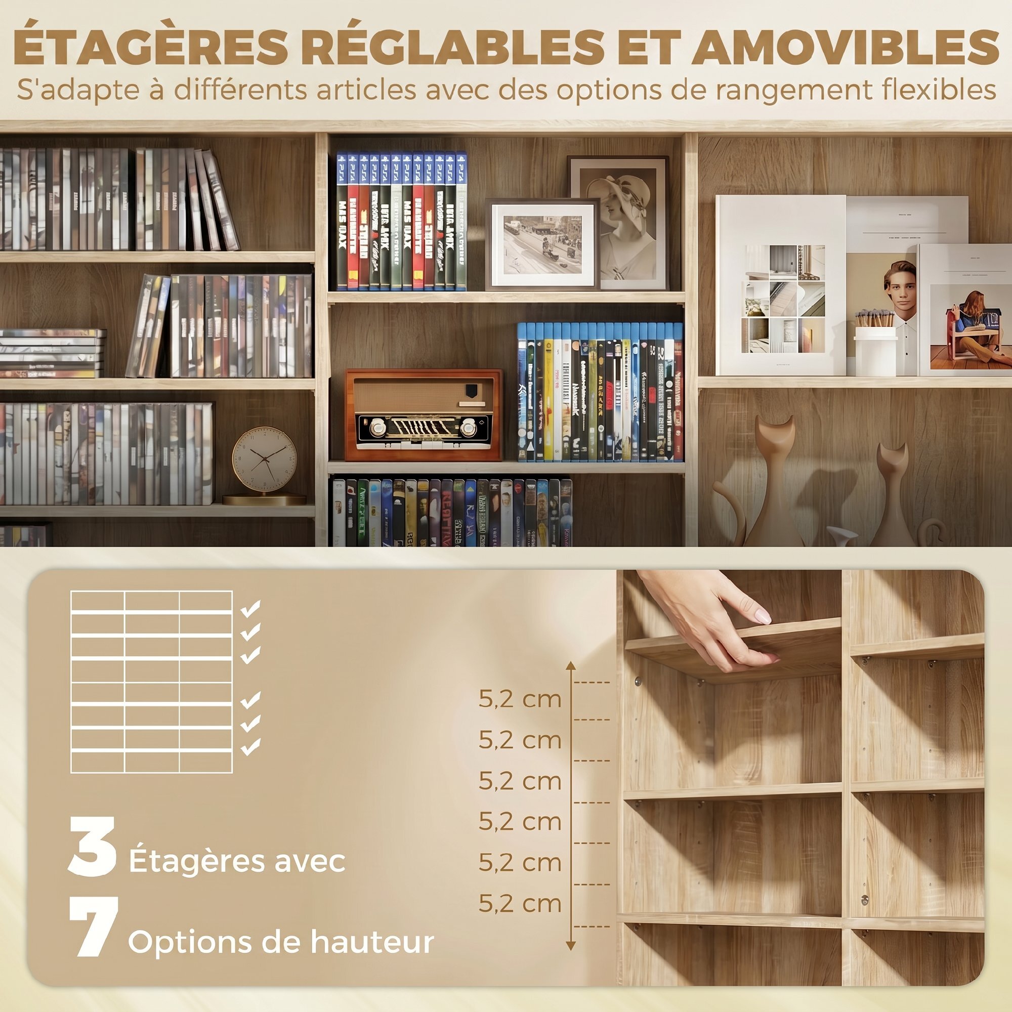 Rangement CD et DVD 24 compartiments 18 étagères réglables effet bois clair