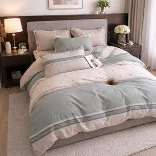 Parure housse de couette 100% percale de coton - rayures beige vert