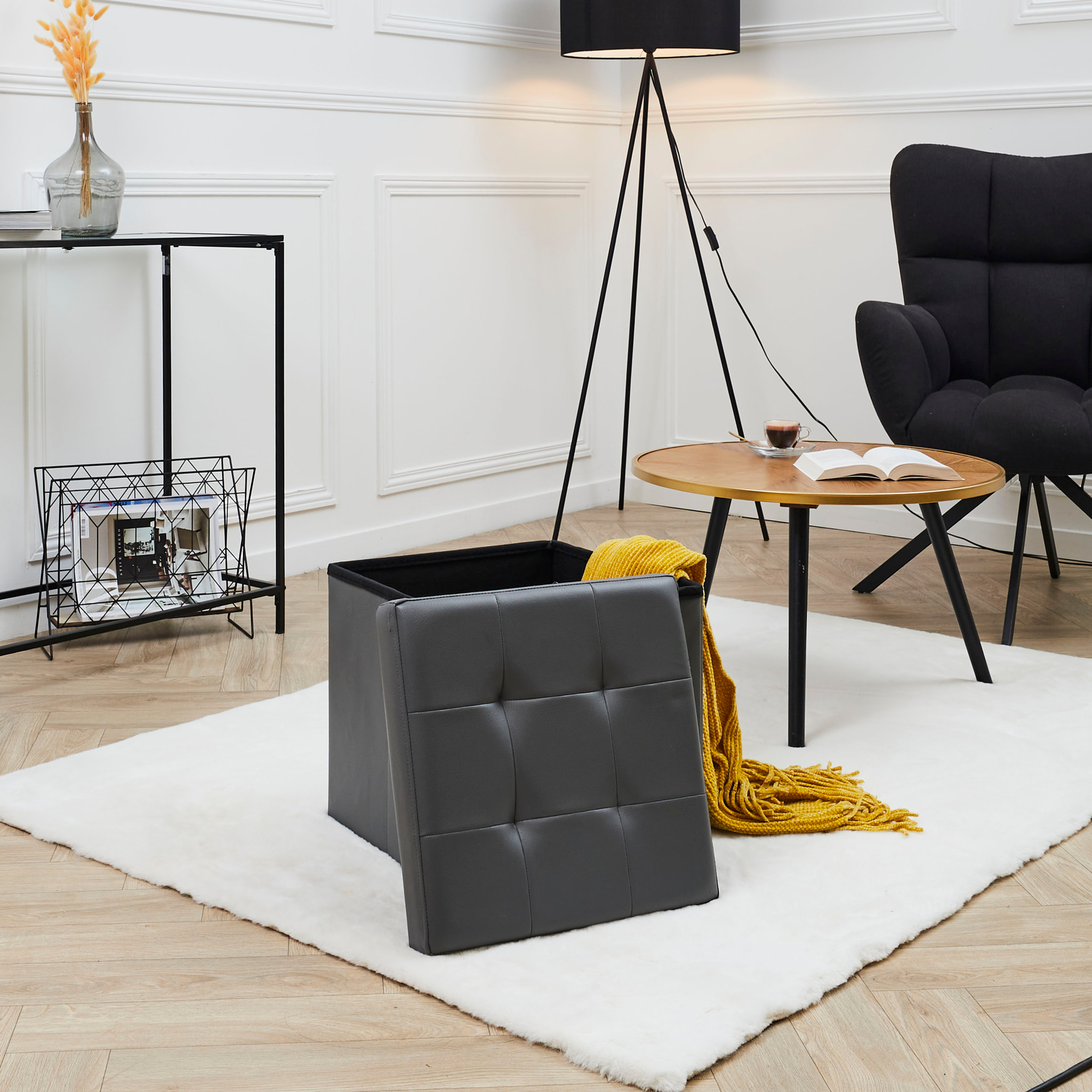 Coffre Pouf Pliable Pu Gris