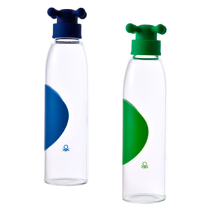 Set de 2 botellas de agua 500ml azul y verde en borosilicato tapa de grifo